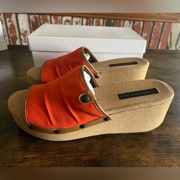 Calvin Klein Wedge Yellow Slides 9.5 Yvana Linen Resort Wear - Picture 8 of 8